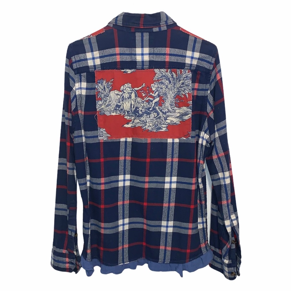 Hollister Distressed Patchwork Plaid Flannel Top M - image 3